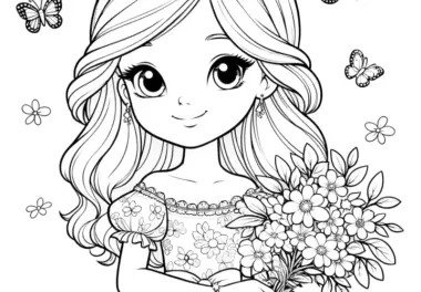 Freundliche Prinzessin mit Schmetterlingen und Blumenstrauß