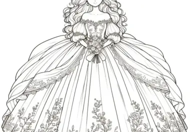 Elegante Prinzessin in prächtigem Kleid: kostenlose Malvorlage