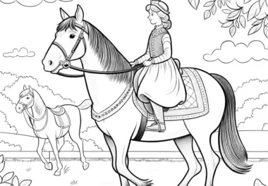 Elegante Prinzessin auf einem großen Pferd: Ausmalbild zum Download