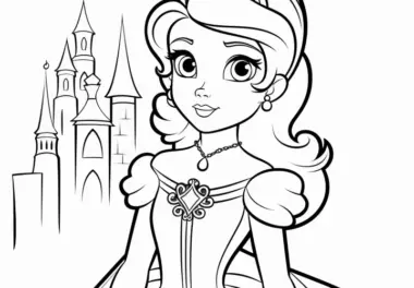 Einfaches Ausmalbild: Hübsche Prinzessin vor dem Schloss