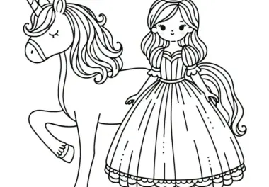Gratis Ausmalbild: Niedliche Prinzessin vor ihrem Einhorn