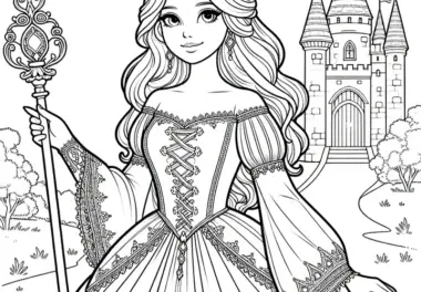 Kostenlos: Prinzessin mit Zepter vor ihrem Schloss