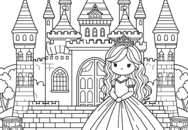 Kleine Prinzessin vor großem Schloss: Einfaches Ausmalbild