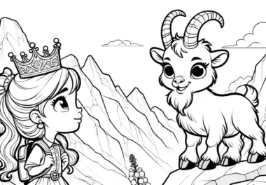 Prinzessin mit Wanderschuhen und Zicklein vor Berglandschaft