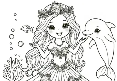 Meer-Prinzessin im Muschelkleid mit süßem Delfin  – Ausmalbild gratis