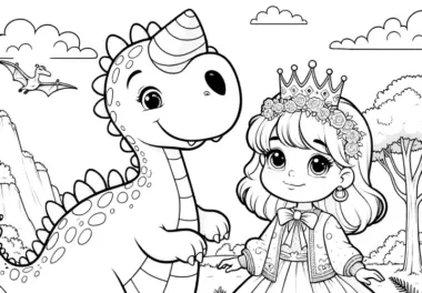 Niedliche Prinzessin mit Dinosaurierfreund vor Berglandschaft (Gratis)