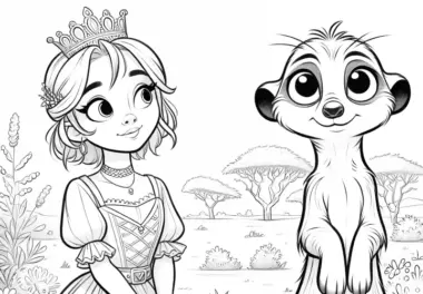 Prinzessin mit niedlichem Erdmännchen in der Savanne (Zum Download)