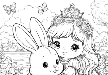 Niedliches Ausmalbild: Prinzessin mit flauschigem Häschen auf Wiese