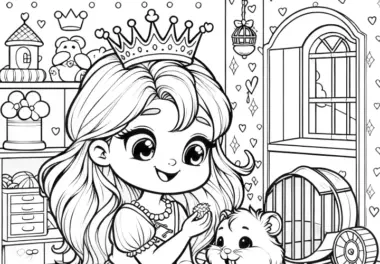 Kleine Prinzessin mit süßem Hamster im Spielzimmer: Bild zum Ausdrucken