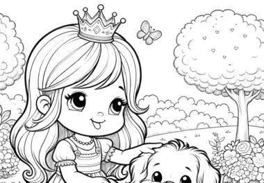 Kostenloses Ausmalbild: Prinzessin mit Hündchen in idyllischer Landschaft