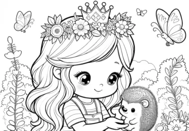 Prinzessin mit niedlichem Igel und Schmetterlinge in der Natur (Ausmalbild)