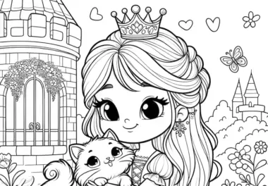 Lächelnde Prinzessin mit flauschigen Kätzchen vor Märchenschloss (Gratis Download)