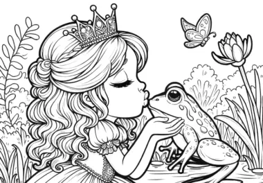 Märchenhafter Ausmalspaß: Prinzessin küsst Frosch (Bild kostenlos)