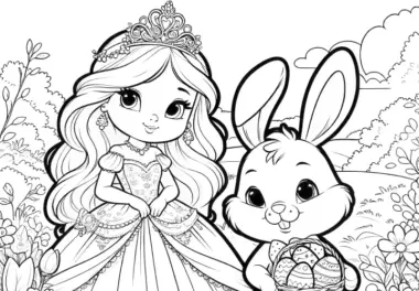 Niedliche Prinzessin mit Osterhase und Ostereiern in Naturlandschaft