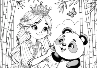 Jetzt ausdrucken und ausmalen: Prinzessin mit flauschigem Panda im Dschungel