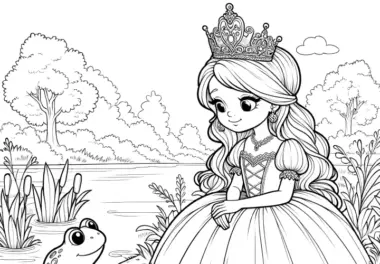 Magisches Ausmalbild: Prinzessin und Froschkönig am Zauberteich (Gratis)