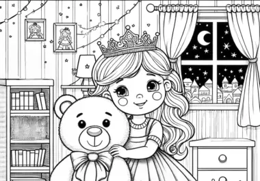 Prinzessin mit Teddybär im Spielzimmer: Ausmalbild kostenlos