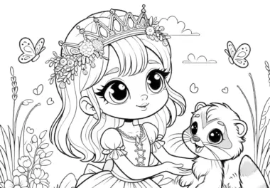 Niedliche Prinzessin mit Waschbär und Schmetterlingen zum Ausmalen (Gratis)