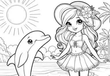Prinzessin am Strand mit Delfin: Zauberhaftes Bild zum Ausmalen (Gratis)
