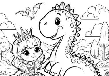 Kleine Prinzessin mit Baby-Dino: Ausmalbild zum Download (Kostenlos)
