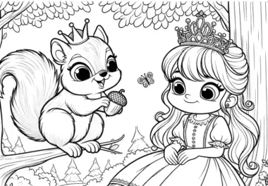 Süße Prinzessin mit Eichhörnchen im Wald: Ausmalbild zum Download (Kostenlos)