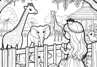 Prinzessin im Zoo: Giraffen, Elefanten und Affen als Ausmalbild (Gratis)