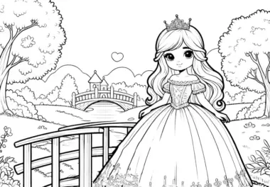 Kostenloses Ausmalbild: Süße Prinzessin auf Brücke in Naturlandschaft