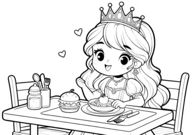 Ausmalbild gratis: Lachende Prinzessin am Essenstisch mit Burger