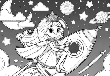 Lachende Prinzessin auf futuristischer Rakete mit Planeten zum Ausmalen (Gratis)