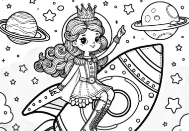 Prinzessin mit Helm auf einer futuristischen Rakete im Weltall (Malvorlage kostenlos)