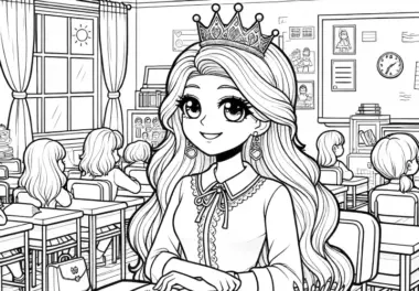 Kostenlose Malvorlage: Lächelnde Prinzessin am Tisch in der Schule