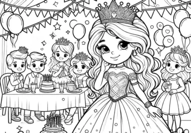 Prinzessin bei einer Kindergeburtstagsfeier mit Geschenken (Ausmalbild gratis)