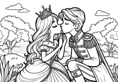 Prinzessin küsst Prinz am See: Kostenlose Malvorlage