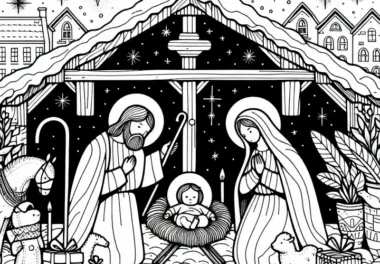 Krippe mit Maria, Josef und Jesukind – Adventskalender Ausmalbild zum Gratisdownload