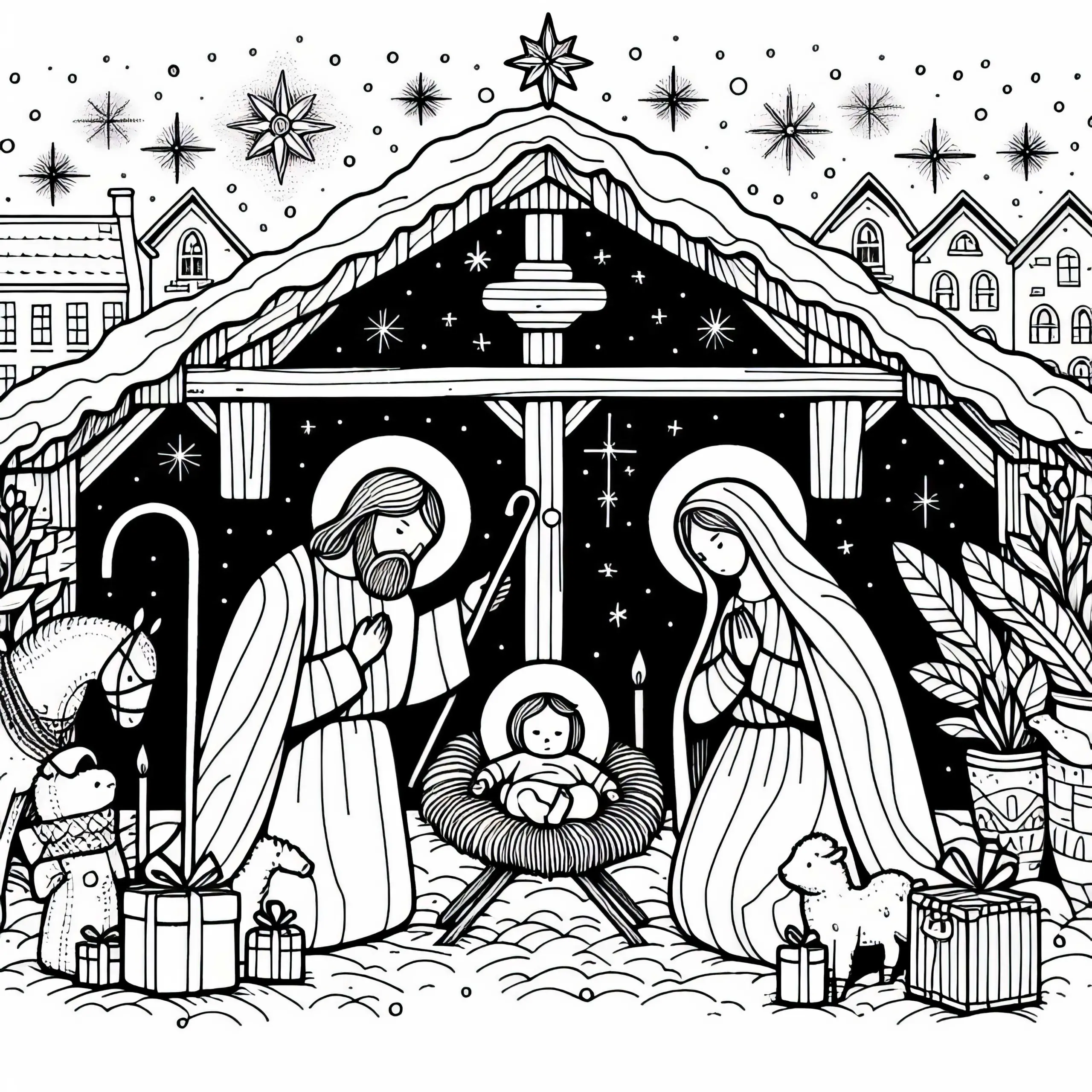 Krippe mit Maria, Josef und Jesukind – Adventskalender Ausmalbild zum Gratisdownload