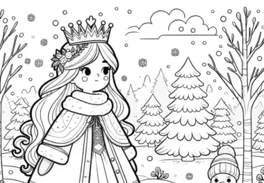 Prinzessin im Wintermantel in Winterlandschaft: Bild zum Ausmalen (Gratis)
