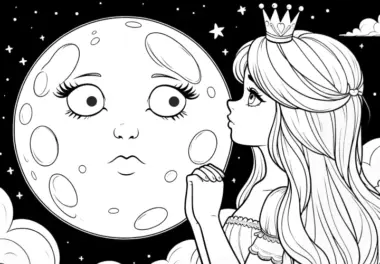 Ausmalbild kostenlos: Prinzessin mit Mond und Sternen bei Nacht