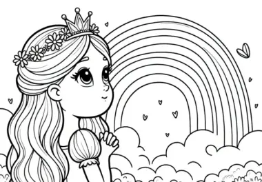 Einfache Malvorlage: Prinzessin mit Blick zum Regenbogen (Kostenlos)