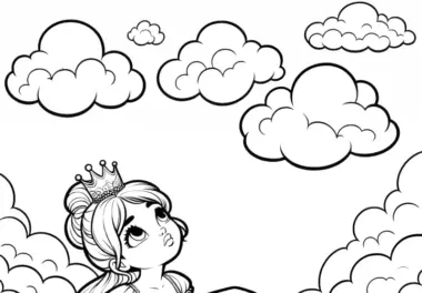 Ausmalbild gratis: Prinzessin schaut verträumt in den Himmel