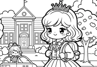 Prinzessin auf dem Weg zur Schule: Einfache Malvorlage (Kostenlos)