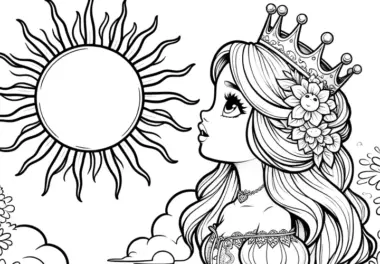 Malvorlage einfach: Hübsche Prinzessin mit strahlender Sonne (Kostenlos)