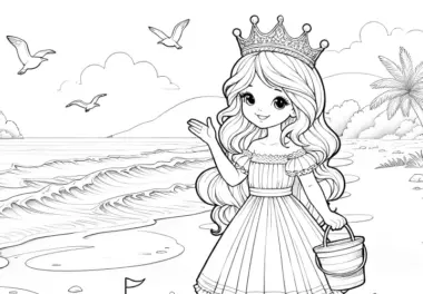 Prinzessin am Strand mit Sandburg: Malvorlage für den Urlaub (Gratis)