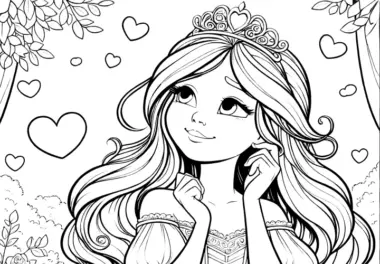 Verliebte Prinzessin mit Herzen: Märchenhaft Malvorlage (Kostenlos)