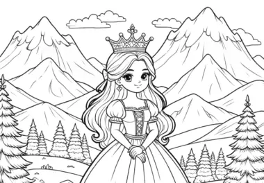 Prinzessin mit prächtigem Kleid vor majestätischen Bergen: Ausmalbild zum Ausdrucken (Gratis)