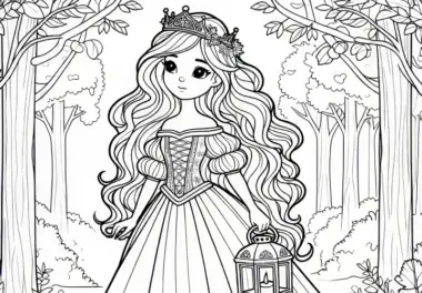 Märchenhafte Malvorlage: Prinzessin im Wald mit Laterne (Kostenlos)