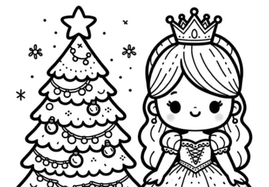 Prinzessin mit Weihnachtsbaum und Geschenken: Einfaches Ausmalbild (kostenlos)