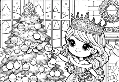 Kleine Prinzessin schmückt Weihnachtsbaum: Malvorlage zum Ausdrucken (Gratis)