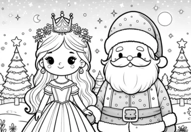 Prinzessin mit Weihnachtsmann in Winterlandschaft als Ausmalbild (Kostenlos)