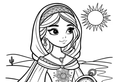 Prinzessin mit Kompass in der Wüste vor Sonne: Bild zum Ausmalen (Gratis)
