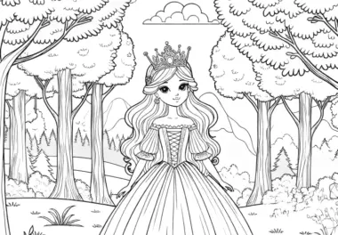 Ausmalbild kostenlos: Wunderschöne Prinzessin im verwunschenen Wald